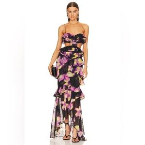 Michael Costello x REVOLVE Abby Gown in Black Floral Bustier Cut Out Ruffle Maxi